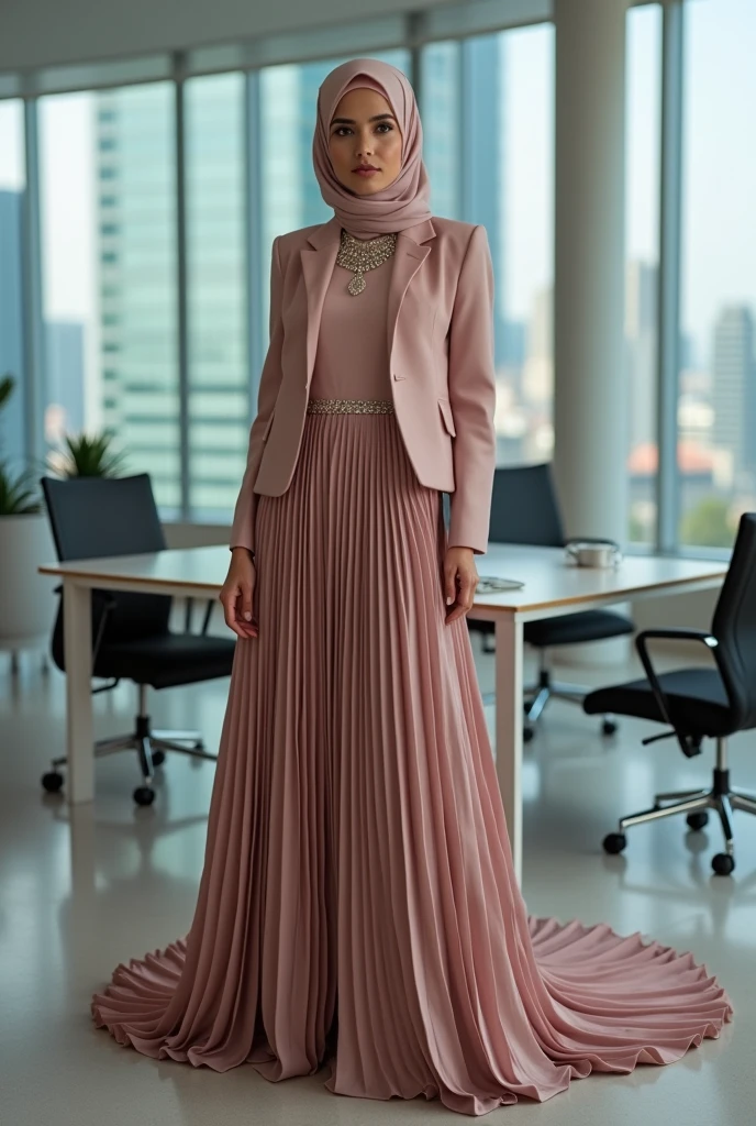 Hijabi women wear two-piece dress set, wear mullet pleat skirt, wear peplum blazer, skirt have a very long train about 7 meter long, wear jewellery, wear high heels, sexy pose in office room