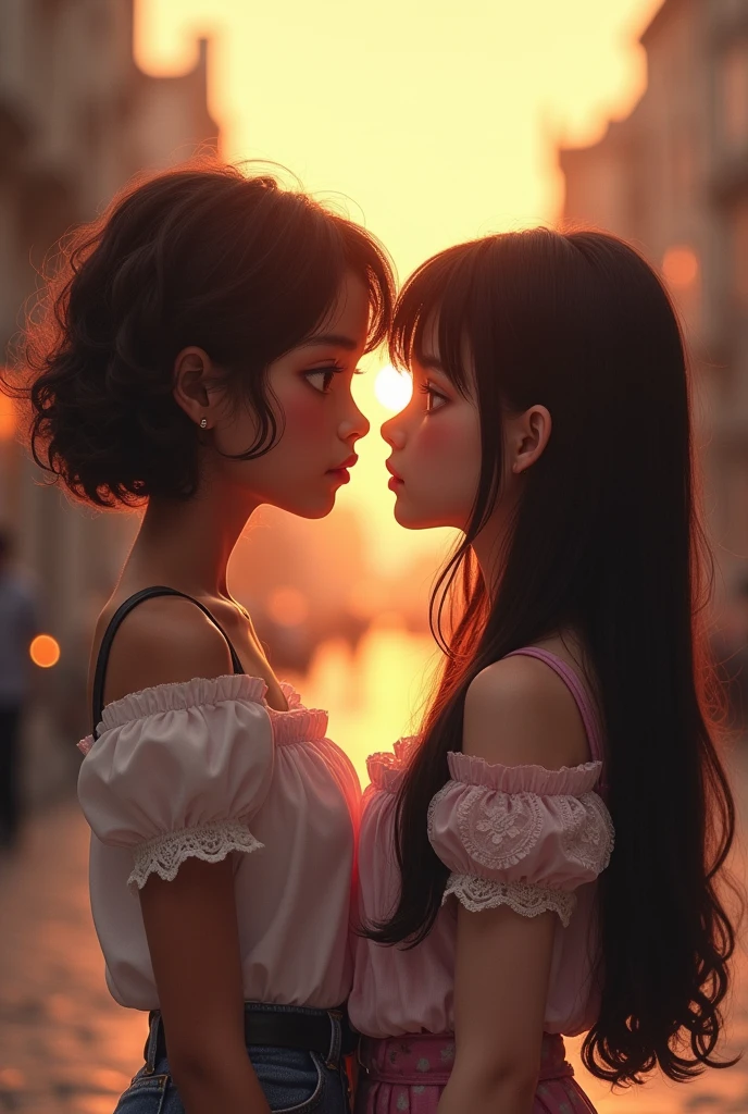 A girl with a height of 1.59,short wavy brown hair pulled up and neat,brown skin tone with normal lips,honey eyes with y2k clothes,next to a girl with fair skin tone, long straight black hair,dressed in coquette style,both stops looking at each other with a sad expression not so close but not so far apart