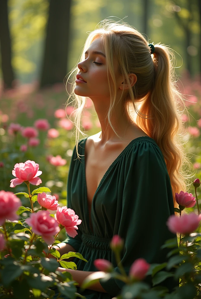 Beautiful   young 18 years old girl , in forest , gold hair, full body, around pink flowers, dark green dress, open chest, sleep, hot, pony tail hair,more realistic,