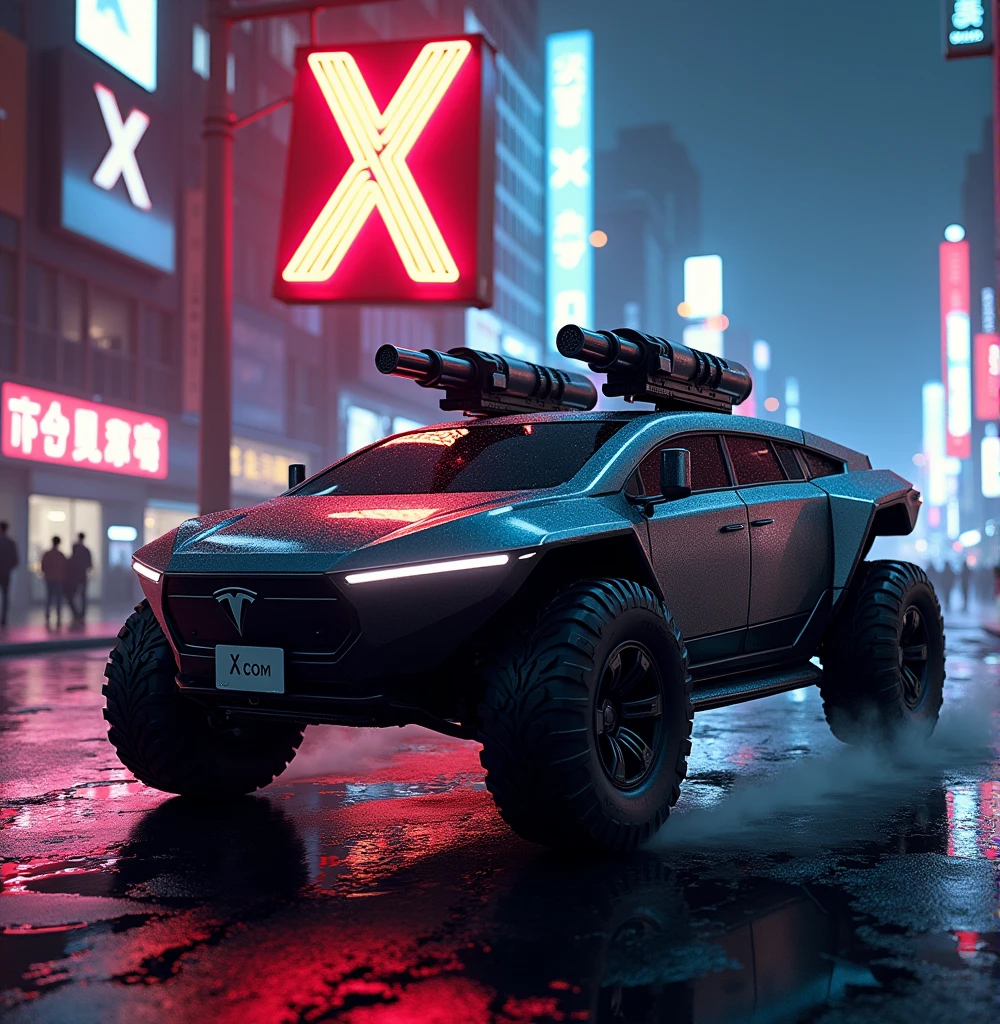  A futuristic armored Tesla Cybertruck equipped with machine guns and rocket launchers, performing adrenaline-fueled wheelies around a massive X logo sign in a cyberpunk style city , the cybertrucks number plate has the text X.com, cinematic, dramatic lighting, hyper-realistic, 8K, 3D render, photorealistic, chiaroscuro, moody, gritty, military, tactical, advanced technology, dynamic pose, muscular physique, tactical gear, serious expression, rugged environment, stunning visuals, powerful, intense