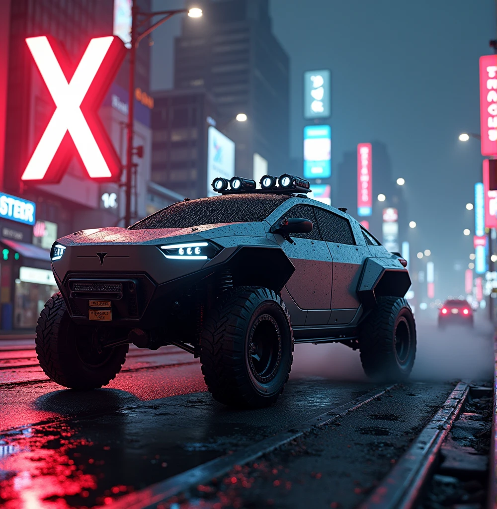 A futuristic armored Tesla Cybertruck equipped with machine guns and rocket launchers, performing adrenaline-fueled wheelies around a massive X logo sign in a cyberpunk style city , the cybertrucks number plate has the text X.com, cinematic, dramatic lighting, hyper-realistic, 8K, 3D render, photorealistic, chiaroscuro, moody, gritty, military, tactical, advanced technology, dynamic pose, muscular physique, tactical gear, serious expression, rugged environment, stunning visuals, powerful, intense