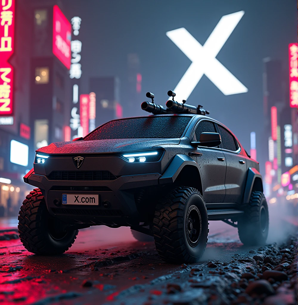 A futuristic armored Tesla Cybertruck equipped with machine guns and rocket launchers, performing adrenaline-fueled wheelies around a massive X logo sign in a cyberpunk style city , the cybertrucks number plate has the text X.com, cinematic, dramatic lighting, hyper-realistic, 8K, 3D render, photorealistic, chiaroscuro, moody, gritty, military, tactical, advanced technology, dynamic pose, muscular physique, tactical gear, serious expression, rugged environment, stunning visuals, powerful, intense
