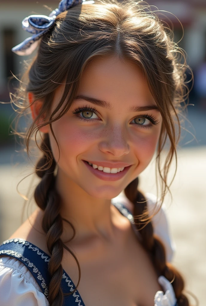 (​masterpiece, best quality:1.5), highest quality, High resolution, super detailed, Realists, Close-up photo of a 16-year-old brunette girl, detailed and beautiful eyes, beautiful detailed lips, very detailed eyes and face, longeyelashes, A 16-year-old girl in a beautiful short shiny satin Dirndl, Details in the dress fabric, Beautiful and colorful makeup, elegant and noble々Pose, Beautiful bows in her hair, Ponytail with a bow, Munich as a backdrop, bright daylight, bright colors, fine brushstrokes, Portrait style, beautiful color palette, glowing skin, First-class rendering, that captures every detail, enchanting atmosphere, (perfect anatomy:1.2), (The stunning girl is wearing a beautiful short silver and dark blue dirndl.. smiling in love and full of joy at the festival, nice legs. She is standing next to the fountain, proudly showing herself off. The girl stands and dances with joy   (magnificent panorama view:1.2)