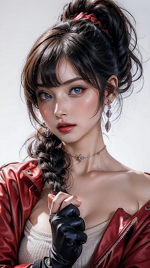 ((Beautiful Face:1.4)), (Purelos Face_v1: 1.0), Half Body,((White simple background)),one person, return,((Natural Big Breasts:1.0)), (Beautiful Japanese Women),bangs, Exposing shoulders, black gloves, Blue eyes, Braiding, choker, Earrings, fingerless gloves, From behind, gloves, Grey Hair, Holding, Jacket, jewelry, Long Hair, View your viewers, looking return, Manicure, Off the shoulder, Lips parted, Earrings, ponytail, red Jacket, alone, Upper Body,[[Realistic]],(Glowing Skin),(masterpiece:1.4),(Highest quality:1.4)