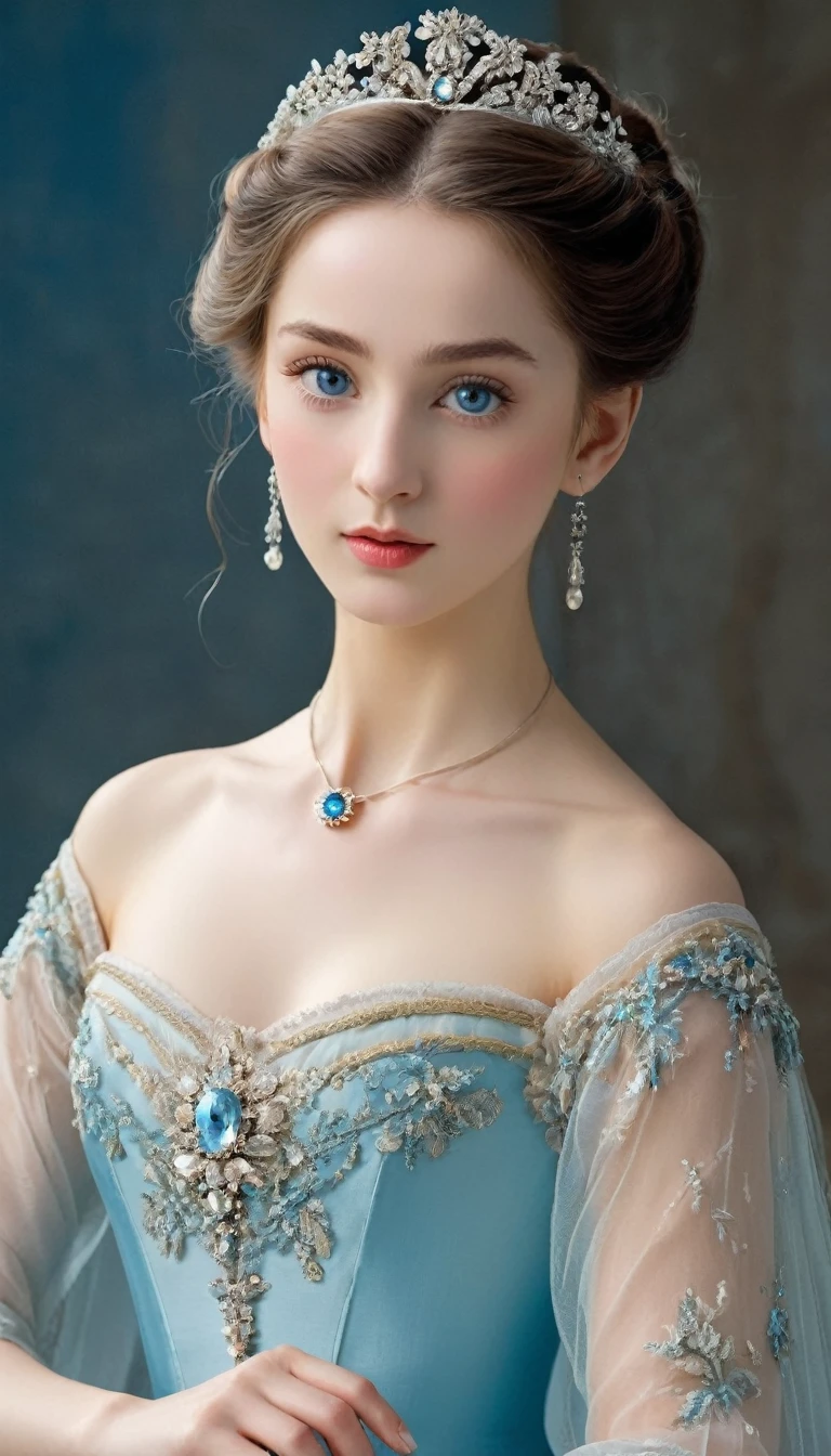 (high resolution,masterpiece:1.2),(Practical:1.37)"(best quality, high resolution, Very detailed, Practical),Beautiful portrait of a 19th century French ballerina, (She is half Scottish,Half Japanese., She is absolutely stunning..,With ice blue eyes and a high nose.:1.1), Exquisite ballet costumes, Detailed facial features, Slender and graceful neck, Aquamarine necklace, Flowing long hair, Calm and elegant posture, charm