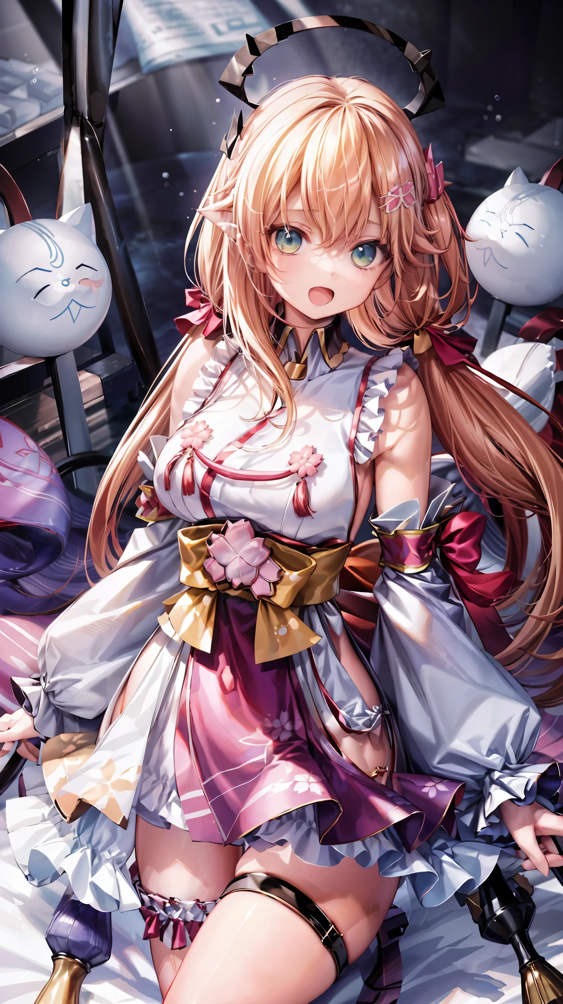 Very detailed、highest quality、Best image quality、masterpiece、8k、Anime Face、A kind smile、(Open mouth:1.3)、Sparkling blue eyes、(Blonde semi-long hair:1.5)、(High leg:2.0)、Thigh belt、(High legカットビキニ:1.5)、(Upper body photo:1.5)、(SFW Giant)、(Thick body:1.2),pink_hair,green_eyes,sakura_miko,cowboyshot