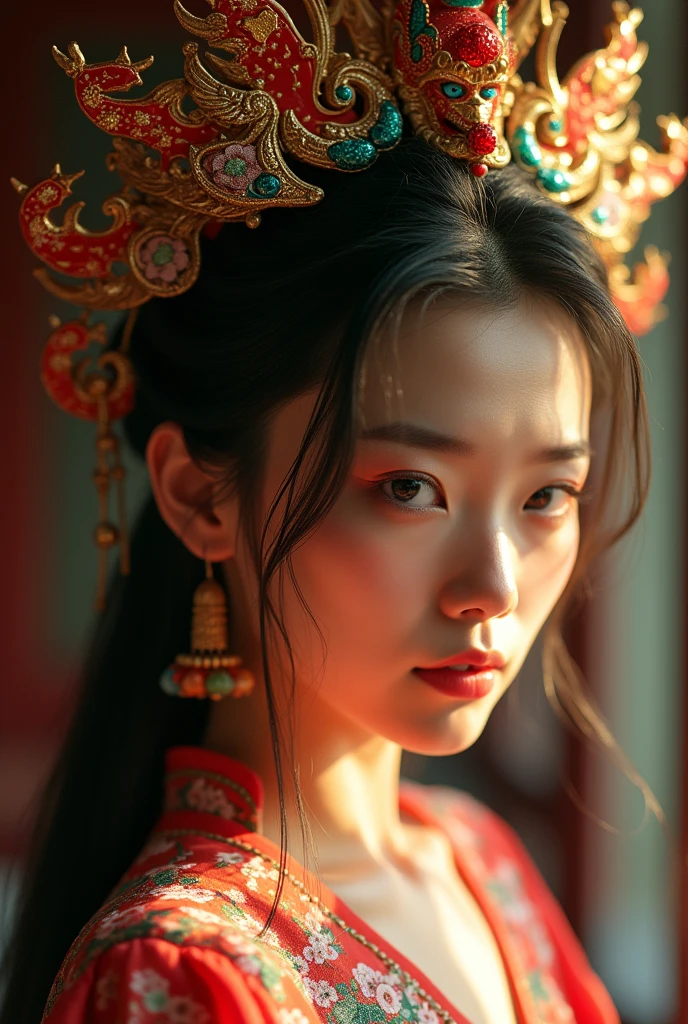 The best image quality, Masterpiece level, ultra high resolution, Realism, fantasy theme, head closeup, A woman, single, Dispersion, china architecture, interior, first person perspective, Phoenix Headdress, Flower dress, Get detailed interior lighting and cinematic lighting, Increase detailed overall ambient light, Detail of face and eyes, Improve the realism of facial details, Clear and sharp focus, sobbing, bite your mouth, ceñudo, bright Eyes, simple background, Master Lens