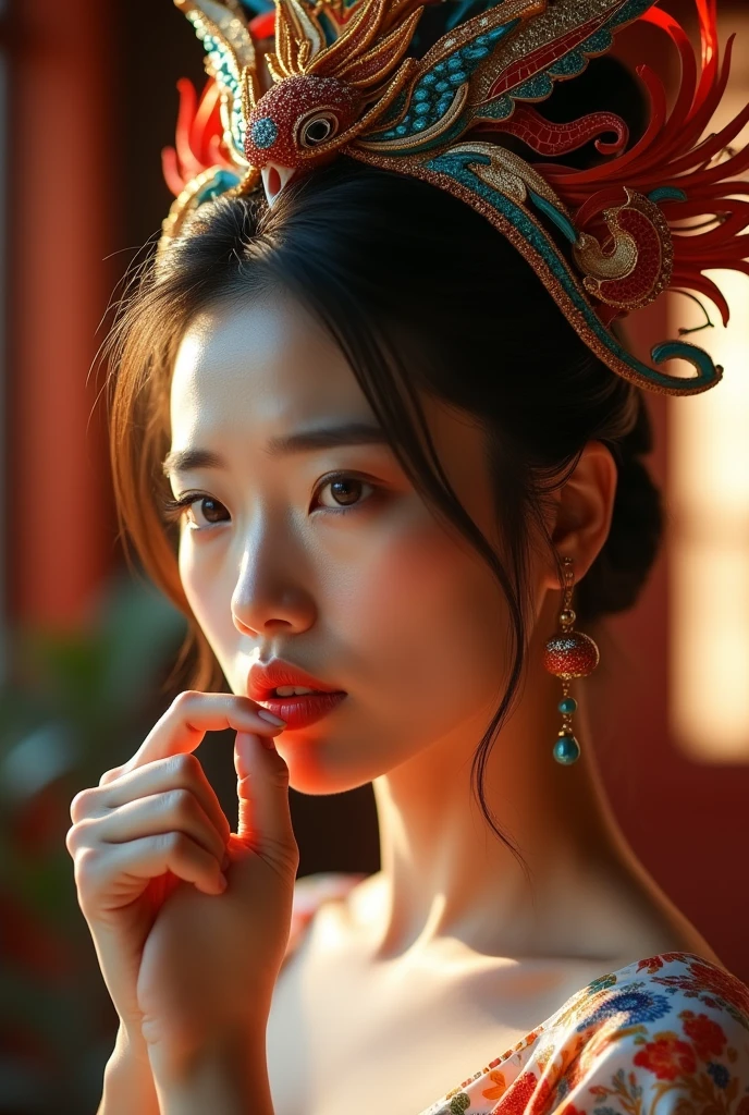 The best image quality, Masterpiece level, ultra high resolution, Realism, fantasy theme, head closeup, A woman, single, Dispersion, china architecture, interior, first person perspective, Phoenix Headdress, Flower dress, Get detailed interior lighting and cinematic lighting, Increase detailed overall ambient light, Detail of face and eyes, Improve the realism of facial details, Clear and sharp focus, sobbing, bite your mouth, ceñudo, bright Eyes, simple background, Master Lens