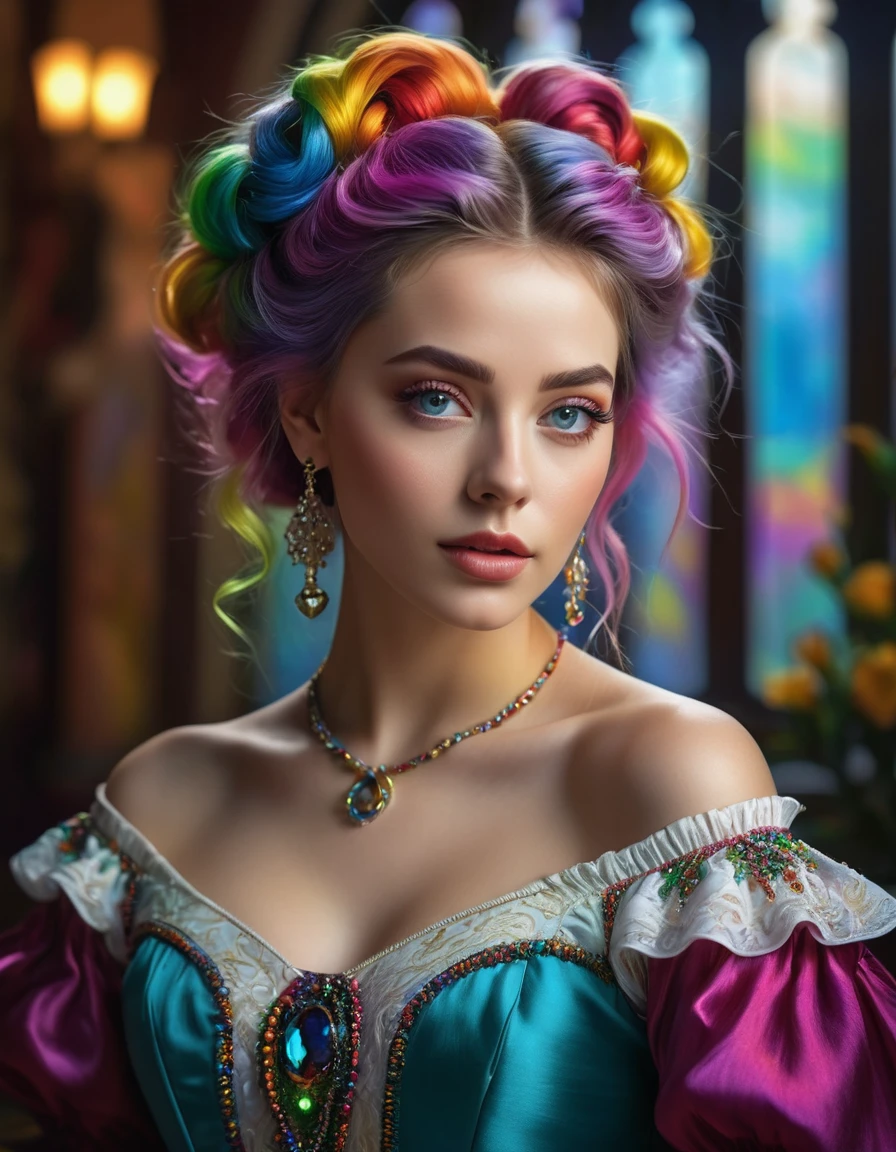 Ultra HD original photos, Photorealism, Cinematography, Her beautiful eyes sparkle , Score 9,8 points,7 points,6 points,5 points,Female figure portrait.,Yasfied,Beauty filter,A fusion of Mike Sasso and John Tenniel styles,Complex background, Convey the charm of Gothic art,Her rainbow-colored hair is carefully designed, Beautiful and sparkling ornaments,White silk dress,Off-shoulder,Perfect lighting and composition,painting,Deep emotions,Colorful masterpiece,Very detailed,best quality,Hyper realistic and exquisite hairstyle,((Global Illumination,Chiaroscuro,Ray Tracing): 1. 2)) Hollywood light,Ray Tracing,Chiaroscuro,((Ultra-high quality:1.5))