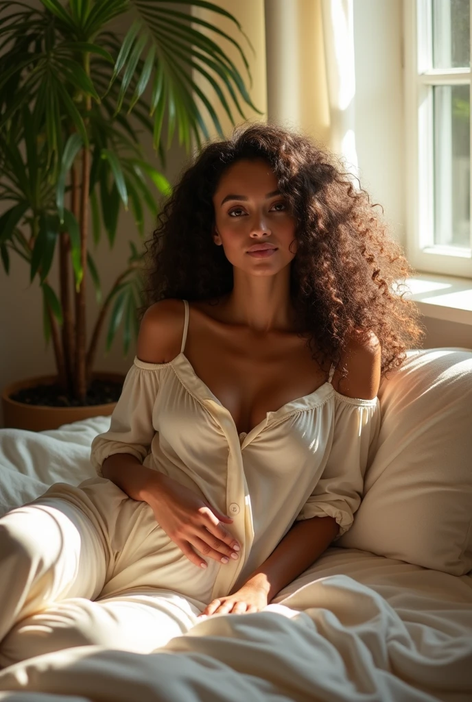 (photorealism:1.2), beautiful woman, sitting on bed, wearing loose off-shoulder top, pajama pants, long curly hair, indoors, soft lighting, plants in background, window with sunlight, cozy room, relaxed pose, realistic, intricate details, warm colors, by Greg Rutkowski, by Alphonse Mucha