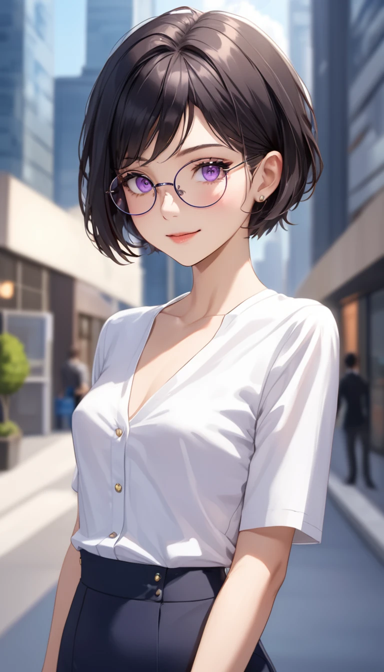 Highest quality、Best image quality、masterpiece、Anime Style、a girl、Beautiful Eyes、black hair, purple eyes、short pixie cut、(flat chest)、slender、Tight waist、Round Glasses、Natural smile, office lady, skirt, noon、Outdoor、upper body, Natural light、Shallow depth of field、looking Watches, Watches, In the office district、skyscraper、Lens flare