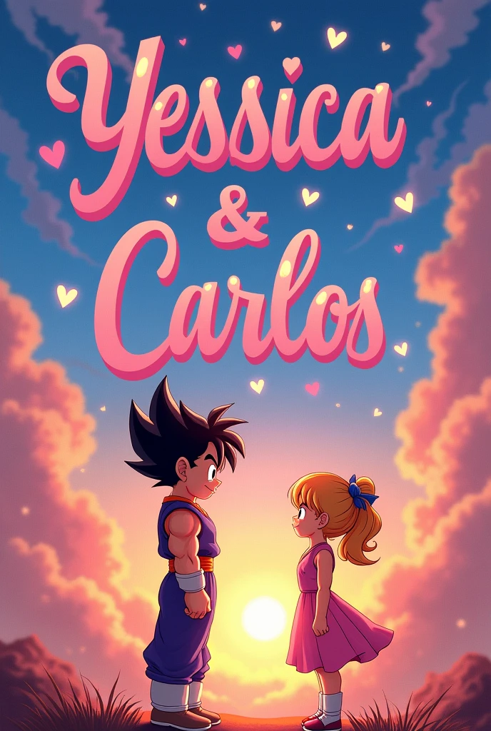 Yessica and Carlos' names with a Vegeta and Bulma with hearts