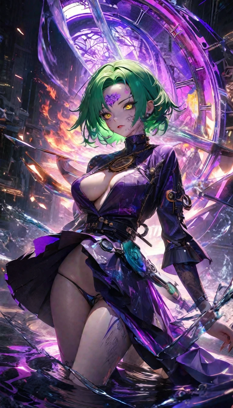 female demon, dignified beauty, cool beauty, purple paint patterns on her face (forehead and under her eyes), and golden eye-like paint patterns on her forehead, green messy short hair, attractive and seductive expression, wearing green and purple dress, superlative body proportion, purple covered in tattoos, background shattered cracked glass, fusion of (cyber, diesel, clock, steam) punk and (water, fire, earth, wind) punk, conceptual installation art, 2.5D, delicate and dynamic, iridescent effects, artistic, hyper, graphic CG digital art