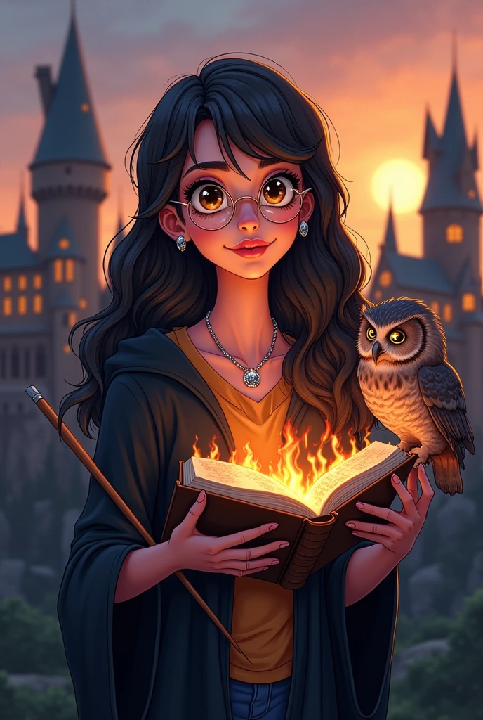 Cartoon of a female wizard from Hogwarts in Harry Potter style, with long wavy dark hair, dark brown eyes, silver necklace and silver ring, with earrings and gold glasses, in her left hand she has a wooden magic wand, in her right hand a spell book in flames, her pet is an owl, she wears a Harry Potter uniform and the background behind her is a Hogwarts castle 
