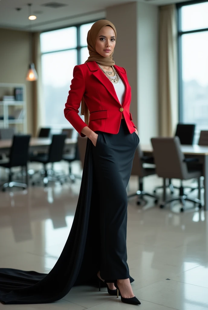 Hijabi women wear two-piece office dress set,dark pencil maxi skirt, wear red peplum blazer, skirt have a very long train about 7 meter long, wear jewellery, sexy pose in office room