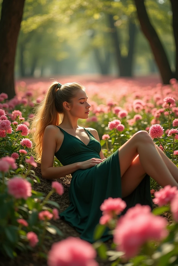 Beautiful   young 18 years old girl , in forest , gold hair, full body, around pink flowers, dark green dress, open chest, sleep, hot, pony tail hair,more realistic, big chest