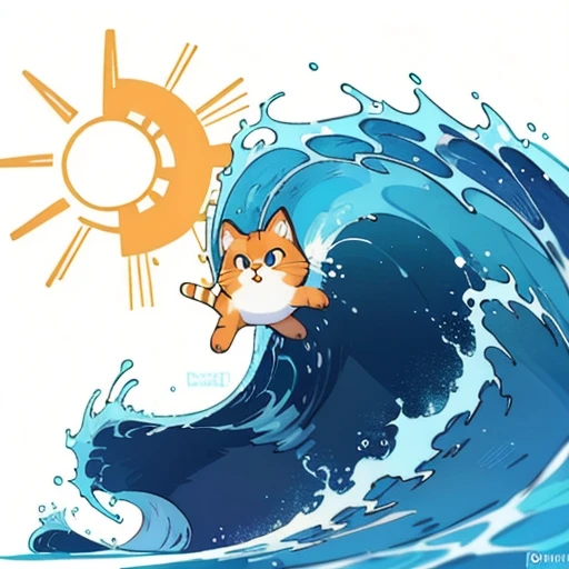 Create a logo featuring a stylized Pipeline wave and the sun, facing towards the right. The design should be clean and very simple, suitable for a logo. The overall look should be modern and easily recognizable. white background. 1 orange cat surfing on top the wave.