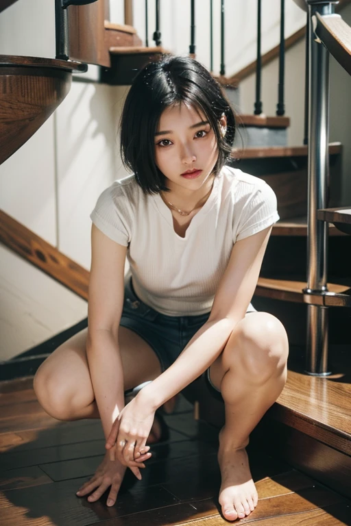 (20 year old Japanese woman), (Small breasts:1.3)solo, masterpiece, High resolution, High detail, Highest quality, Very detailed, Ultra high definition, (Textured skin.2), ((Ray Tracing)), Natural Light,Cinematic light effects, ((realism)), ((Surrealism)),8k octane, ((Natural Makeup)),Aperture value F1.8, (((Black Hair, Shiny Hair, bo short hair))),((Sitting sideways on a spiral staircase,Get on one knee)),hot pants,casual shirt,(Full body shot 1.2)