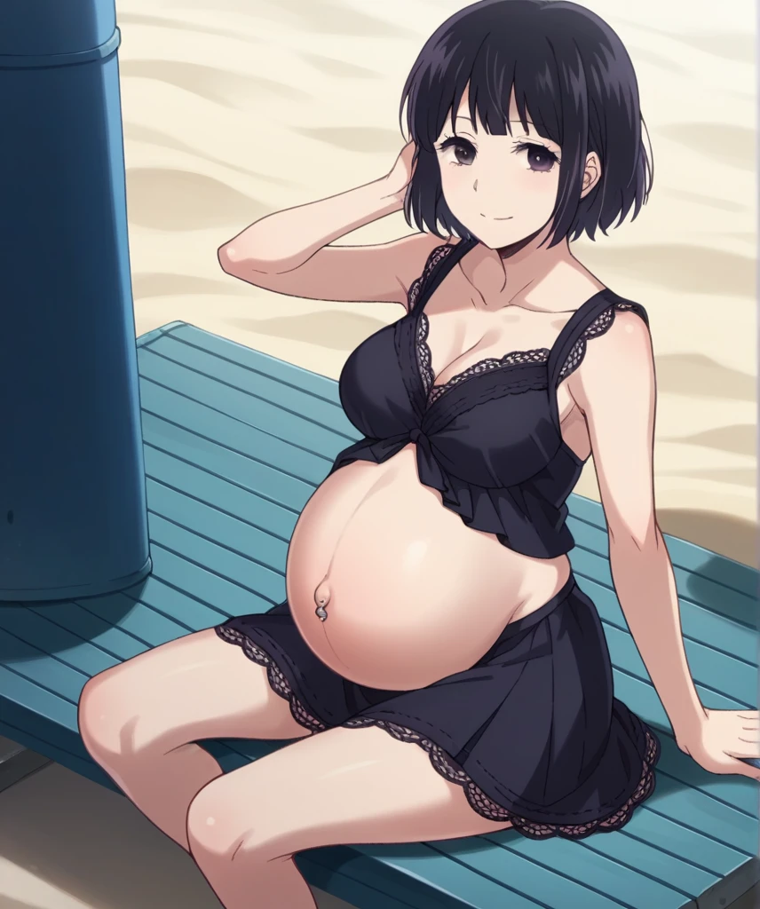 score_9, score_8_up, score_7_up, source_anime,
hanabiyasuraoka, hanabi yasuraoka, short hair, black hair, black eyes,
lace robe, skirt, Heels, big belly, Beach, background, rubing belly, smile,
looking at viewer, cowboy shot, solo, pregnant, possing, big breast, large belly, Belly button piercing, Sitting