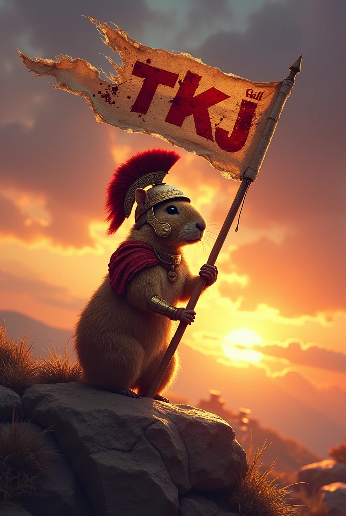 Create an image of a Spartan capybara holding a flag that says TKJ with blood on it in a 4x4 image.