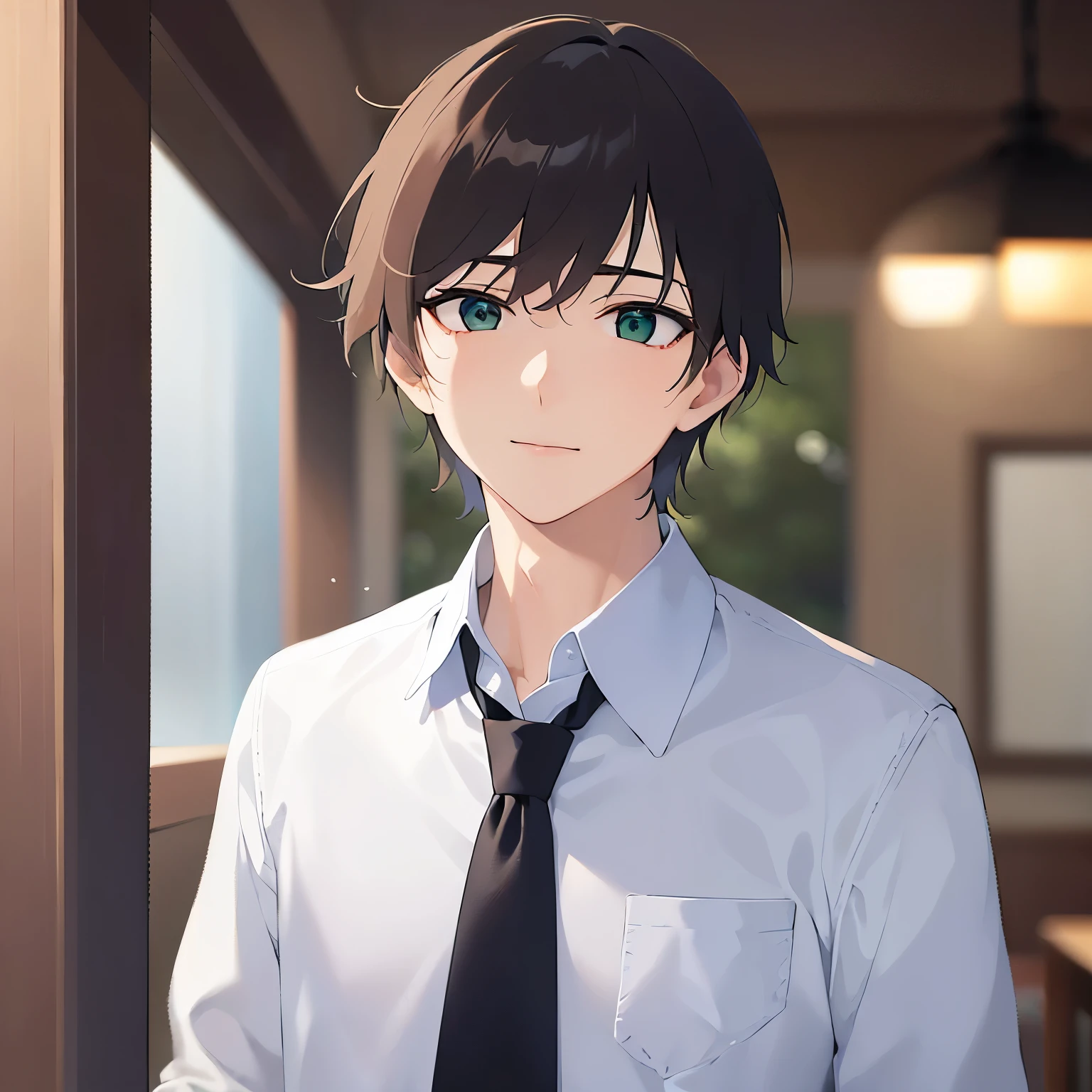 BREAK (25-year-old male:1.5) and (Brown short hair) and (Green Eyes)BREAK,（looking at viewer:1.5）Upper Body, Side shot、
shiny skin, masterpiece、Highest quality、BREAK (white collared shirt) and (Green tie)BREAK
smile、The background is the inside of a Japanese pub at night.、(alone:1.5)