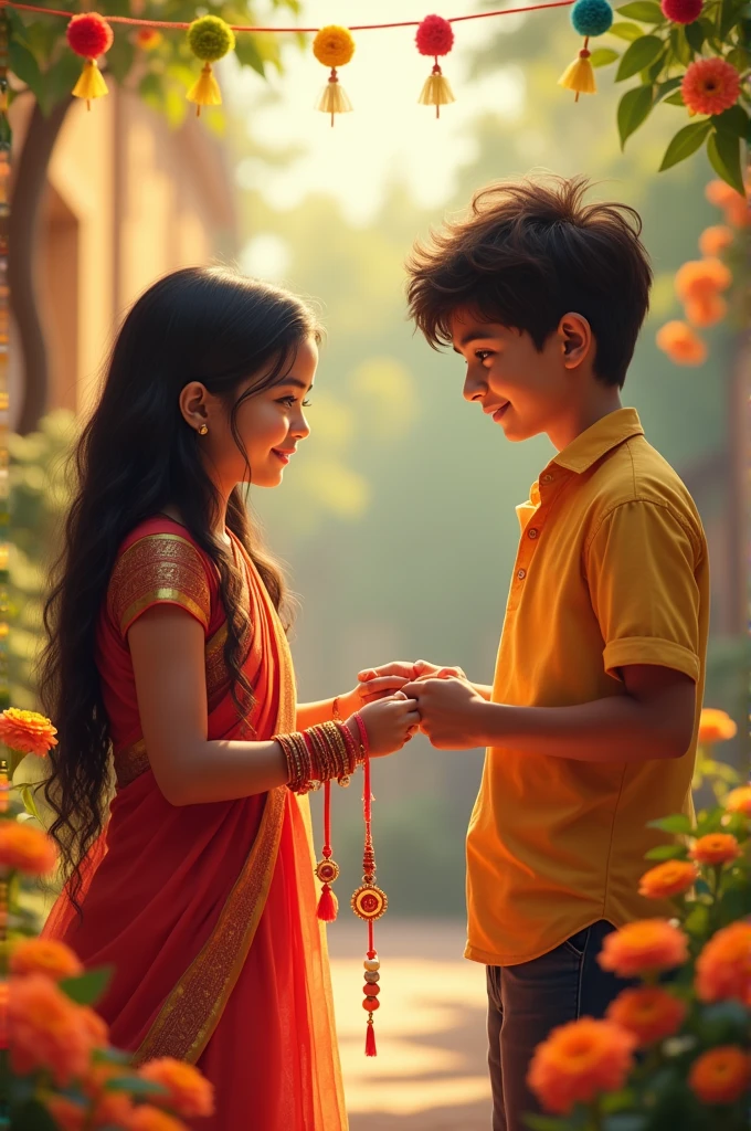 A 19 year old girl gives Rakhi to her 20 year old boy and says Happy Rakshabandhan friend.