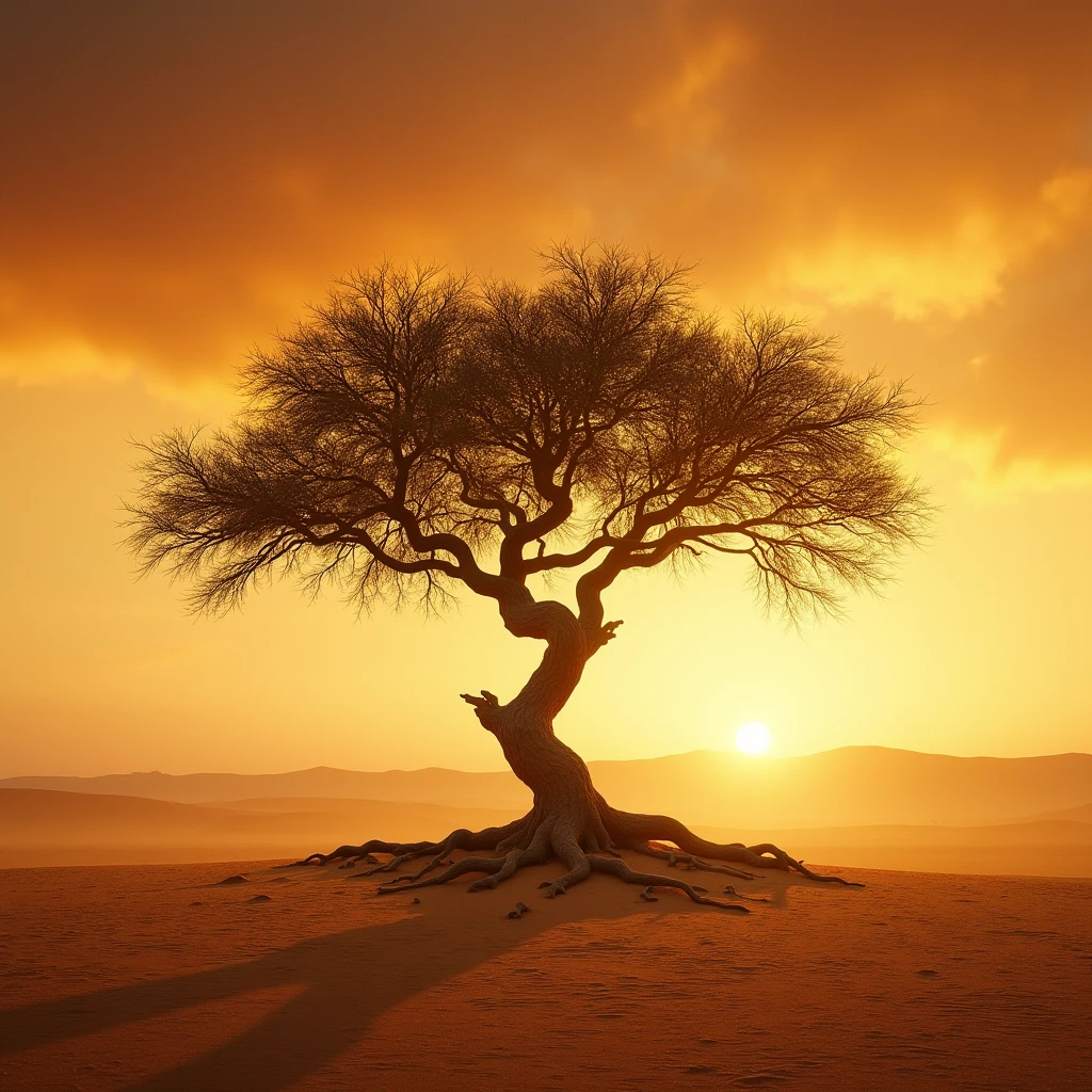 Roots: Though not visible, the roots of the tree probably extend deep into the soil, seeking water and nutrients. This image evokes the idea of the tree's resilience and adaptation to the environment.
* twigs: The twisted branches suggest that the tree has been through many years, resisting strong winds and adverse weather conditions. The direction of the branches may indicate the predominant wind direction in the region.
* Sheets: The leaves of the tree, though not visible due to the silhouette, are probably small and adapted to conserve water, a common feature in trees of dry regions.
The sky:
* clouds: Although there are no visible clouds in the image, the absence of them may indicate a calm and rainless afternoon, typical of arid regions.
* colors: The gradient of colors in the sky, from intense orange to yellow, may suggest the presence of dust particles in the atmosphere, scattering sunlight and creating a spectacular visual effect.
The Field:
* vegetation: Beyond the tall grass, there may be other smaller plants or shrubs scattered across the field, forming a complex ecosystem.
* 独奏: The soil of the field, although not visible, it is probably sandy and poor in nutrients, typical of dry regions.
Atmosphere and Feelings:
* loneliness: The tree solitária no campo evoca uma sensação de isolamento e solidão, but also strength and resilience.
* tranquillity: The absence of movement and the serene sky convey a sense of peace and tranquility.
* hope: the sunset, with its warm and vibrant colors, may symbolize the end of a day and the beginning of a new one, conveying a sense of hope and renewal.
Possible Interpretations:
* Life Cycles: The tree, with its deep roots and twisted branches, may represent the strength of life and the ability to overcome challenges. the sunset pode simbolizar a passagem do tempo e a inevitabilidade da mudança.
* Connection with nature: The image can be seen as a celebration of the beauty of nature and the importance of preservation.