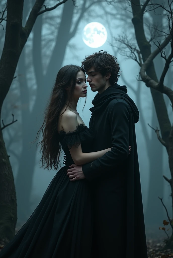 A white girl with long, dark brown hair and dark brown eyes, and a guy who plays in a rock band, dresses in black, has dark brown hair and gray eyes, are a couple and are in a gothic forest at night.