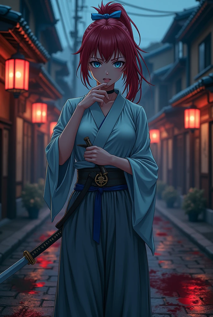 An anime Japanese woman in a kimono, with blue eyes, long red hair in a ponytail, gray hakama pants, and a blue outfit. She has a katana strapped to her left hip and large breasts. Her hair is tied with a blue ribbon. It's night, and she stands in a very dark Kyoto street, in the middle of a killing spree, covered in blood. She's a swordsman, Battosai the Manslayer. Her face is downcast, and she's biting her lower lip. Her eyes lack any shine.