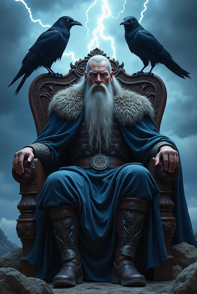 Imagine the Viking god Odin sitting on his throne,His gray wolf and his two raven advisors, above his throne, the phrase in German,Wotan With Us