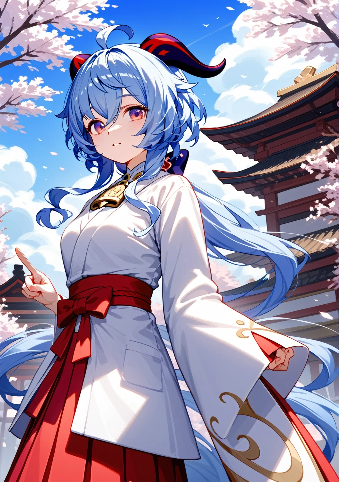 Highest quality, Highest quality, High quality illustrations, masterpiece, Ultra-high resolution, Detailed Background, ganyu \(genshin impact\), Purple eyes, long hair, light blue hair that ends in shades of darker blue, long ponytail, Brownish horns with red engravings, turn backwards, alternate costume, miko, fox mask, mask on, Japanese clothes, kimono, white kosode, white kimono, red hakama skirt, sleeves past wrists, in a big mountains with trees, blue sky with clouds, masterpiece, Very aesthetic, best quality, white background, pointing at viewer, Dynamic Angle