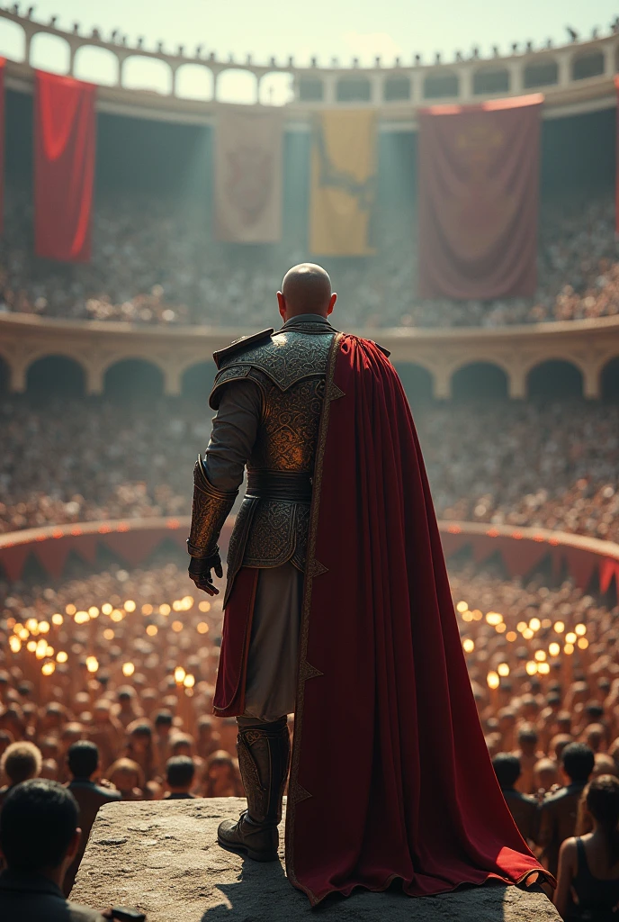 “In contrast, Aleksandr Suvorov enters the arena with a calm and strategic posture. Dressed in his robust military armor and wielding an arsenal of tactics, Suvorov displays a quiet confidence. His gaze is sharp and calculating, assessing the situation and his opponent with precision. He makes a brief bow to the audience and his allies, showing respect and determination in his mission to secure victory for humanity.