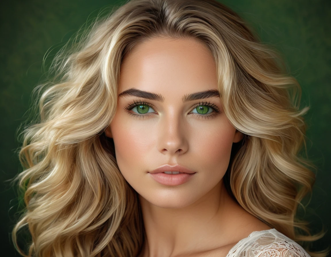 (Beautiful Brazilian woman:1.5), (25-years-old), fair skin, long wavy blonde_hair, (Heart-shaped face), (High Protruding Cheekbones:1.7), (sexy Almond shaped eyes), (beautiful Green Eyes:1.6), Thick eyebrows, hard-angled-eyebrow, (Cupid's bow shaped mouth), (Full lips), (Photorealistic:1.4), Alluring, (Toned body). (Realistic woman:1.3), captured in 4k realism, (professional portrait: 1.3), (best quality,4k,8k,highres,masterpiece:1.2),ultra-detailed,(realistic,photorealistic,photo-realistic:1.37),vivid colors,portraits,professional,perfect lighting, ((Best Quality, 8K: 1.3)), Her is positioned in front of a (neutral black backdrop:1.9) with a (deliberately blurred out-of-focus area around her head:1.2) to draw attention to her facial features. The subject's face is directly centered within the frame. A (subtle, controlled studio strobe:1.3) casts a flattering, even light on her skin, producing a sense of intimacy and vulnerability. (High-key lighting:1.4). The focus is sharply rendered, showcasing intricate details on her skin, hair, and clothing. (Slight, subtle shadow under her jawline:1.1). The overall atmosphere is calm, elegant, and inviting, SFW.