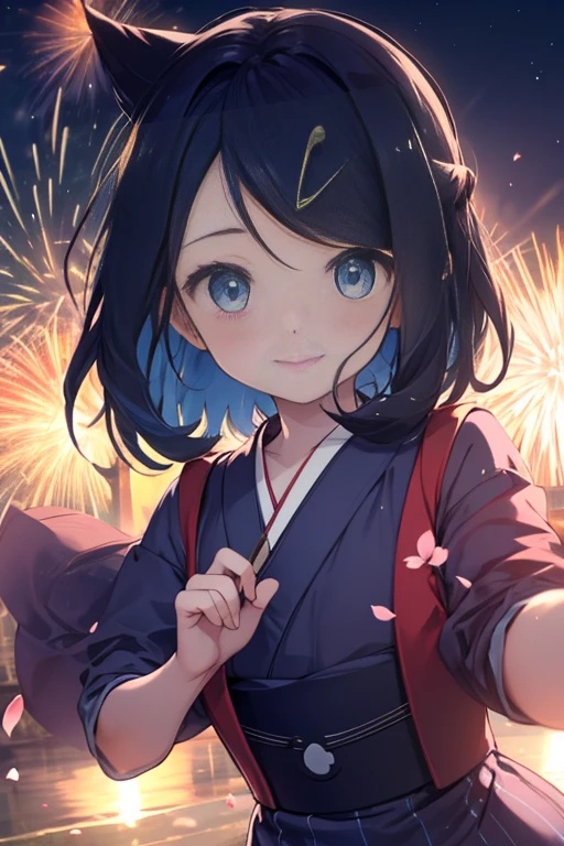 (((((nsfw))))), (masterpiece, Highest quality, 8K ultra-high resolution:1.4), 14yo, kawaii, Pokemon Riko, (A colorful navy blue yukata, night: 1.4), (Summer festival), ((turn around)), Beautiful Eyes,Flash photography, Backlight,  ((Close-up of face:1.4)), (The best smile of my lover:1.4), ((((Smile brightly)))), (Show your palm to the camera), (Beckon), Written boundary depth, Dramatic portrayal, (Colorful fireworks background), Focus of the film, , Emotional composition, Emotional engine full throttle BREAK Young and cute, Slender body, Flat Chest, Highly detailed glossy skin,Sweat,  完璧なPokemon Riko
, Wind, detailed in the Wind, petals dancing in the Wind
BREAK
ultra detailed crystal eyes, Eyes like shining jewels