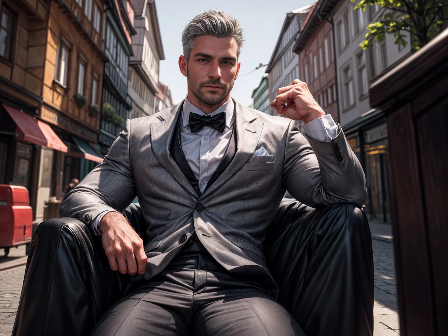 Best quality, masterpiece, ultra high res,detailed background,solo,male,mature,bara,muscular,mature male,silver formal suit,office,salaryman,sitting on chair,plants,looking at viewer,from below,depth of field,, mature male, arm hair, ! Skinny and tall！（Chest hair：1.8） ！ High detail 8K)! ((Realistically)), ! 186 cm! 70 kilograms! Popular clips! ( High-detail 8k ((realistically)), big hairy black areola! , best quality, bright lighting, focus, theater! 35 years old, hairy breasts, thick hair , Reddit, photo realism, gray hainely sculpted eyes！ gray hair！, body perfect blend of organic and artificial,midjourney gray hair！! photo realism, Short hair! Outdoor。Beautiful calves hair!!!！,Germany Male ！Height 208cm, small head! Germany! Advertisements with a sense of design ,Germany Male ！, small head! More Detail High detail 8K)! Popular clips!, Dark skin, best quality, focus, ! 35 years old, Adam Dario Kier screenshot, photo realism, Short hair! Gray hair!