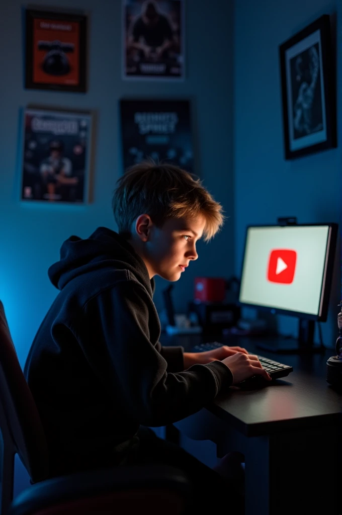 1boy infront of computer, youtube logo, hoodi,