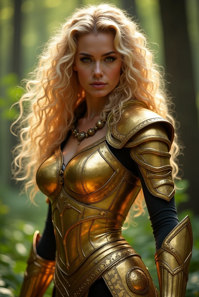 (photorealism:1.2), woman, glowing golden, wearing a golden metallic armour, long curly blonde hair, outdoors in forest, fierce looking, battle pose, fighting, realistic, intricate details, warm colors