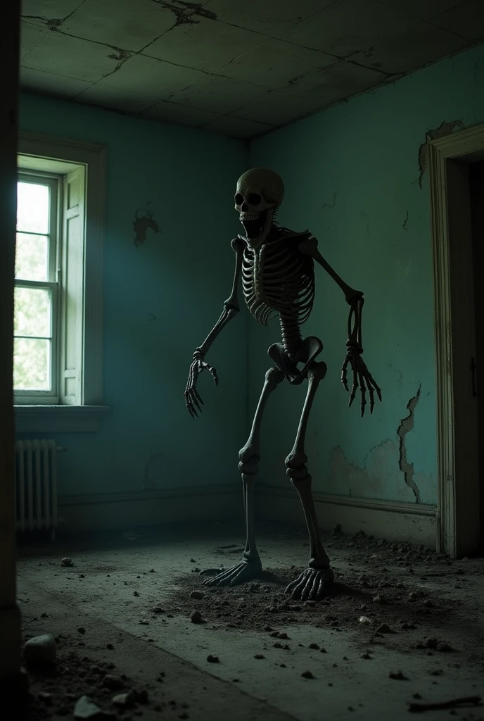 Imagine a frightening and distressing image that takes place in a narrow, poorly lit hallway of an abandoned house.. The walls are worn out, with torn wallpaper and oozing mold. At the end of the corridor, a half-open door emits a faint red light, but does not reveal what is inside, just restless shadows moving. In floor, there are dark stains and bloody footprints that appear to have been dragged, as if someone or something had been taken by force.
In the middle of the corridor, a tall, skeletal figure, with pale skin stretched over sharp bones, leans forward, with long arms that almost touch the ground. Your face is a mask of terror: black eyes, empty and soulless, and a mouth open in a silent scream. Behind her, distorted shadows seem to come to life, stretching and twisting on the walls as if trying to reach the viewer.
The environment is filled with a thick fog that blurs vision and gives the impression that something could appear at any moment.. The feeling of dread is almost palpable, as if the air were heavy with the presence of something evil that could not be seen, but that is felt.