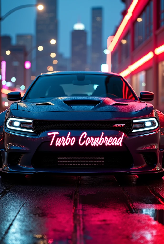 The words 'Turbo Cornbread' written on the front hood of a SRT Demon with a body kit. 