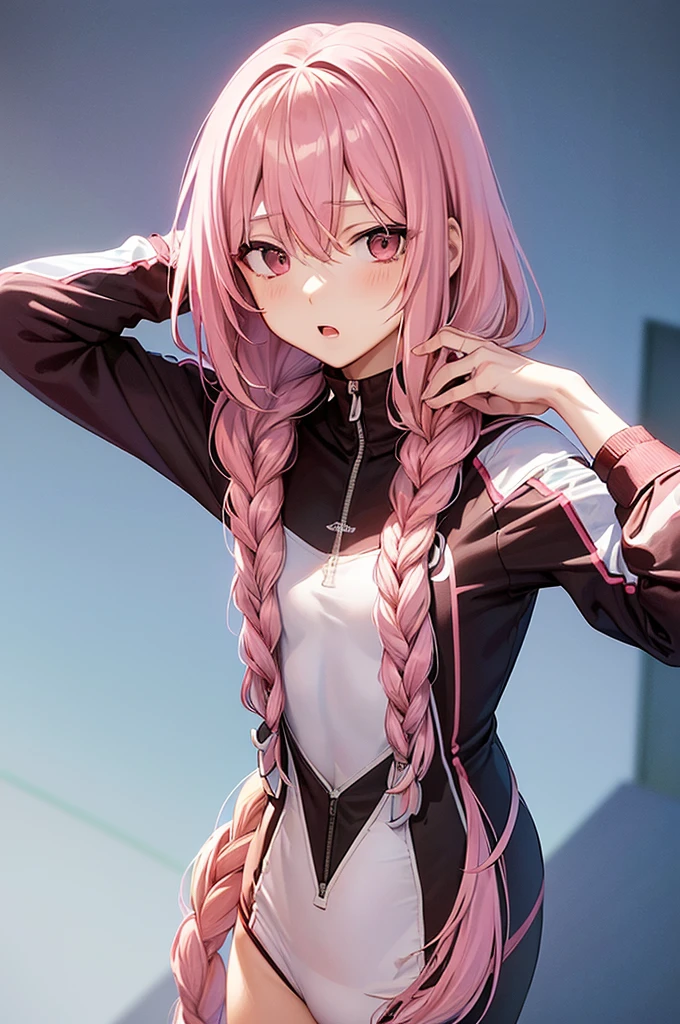 masterpiece, best quality,anime style, 1 girl,(((slender body))), (((small eyes))),(((athlete suit))), (beautiful face), (((single braid))), (((straight hair))), ((((pink hair)))),detailed beautiful skin, (perfect hands, perfect anatomy),scream