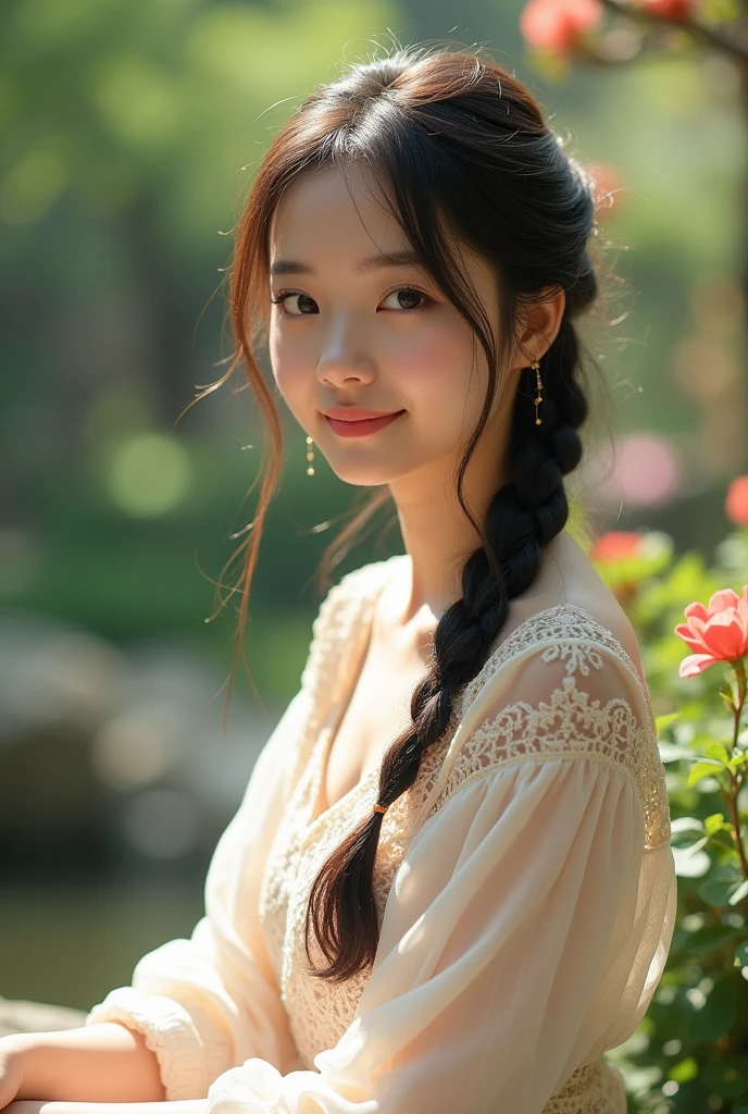 Tabletop, Highest quality, figure, Very detailed, In detail, High resolution, 8k wallpaper, Perfect dynamic composition, Beautiful attention to detail, Face Focus, One Japanese person,
Soft Light,Lace blouse ,Braided Hair,Natural color lip, ,smile,Outdoor、18 year old beauty、cute、looking at the camera