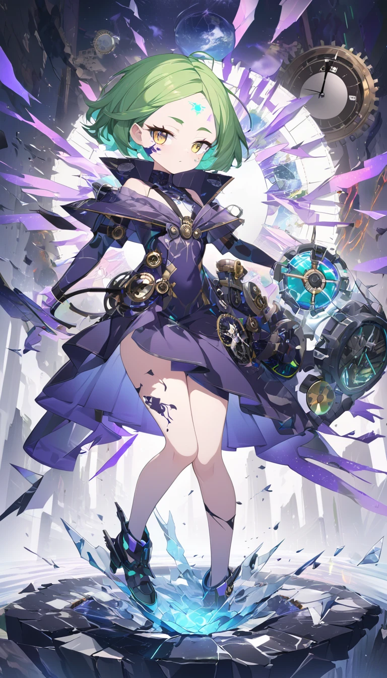 female demon, dignified beauty, cool beauty, purple paint patterns on her face (forehead and under her eyes), and golden eye-like paint patterns on her forehead, green messy short hair, attractive and seductive expression, wearing green and purple dress, superlative body proportion, purple covered in tattoos, background shattered cracked glass, fusion of (cyber, diesel, clock, steam) punk and (water, fire, earth, wind) punk, conceptual installation art, 2.5D, delicate and dynamic, iridescent effects, artistic, hyper, graphic CG digital art