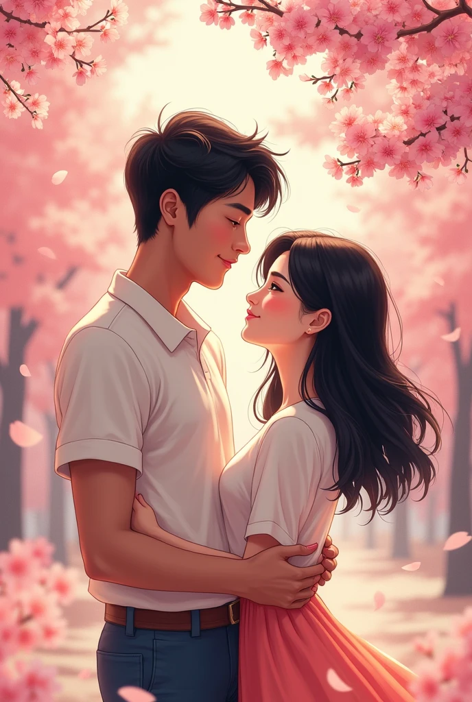 create a drawing korean of a couple where the girl has white skin and the boy has black skin