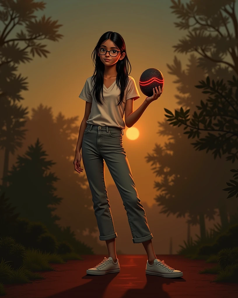 A teenager from , Latin American skin, black hair long, slickedback hair, very beautiful, wears round glasses, eyes black. She wears a t-shirt and jeans and holds a stone in her hand. The stone is black and has bright red streaks. The red streaks on the stone shine red and this red light illuminates her face.