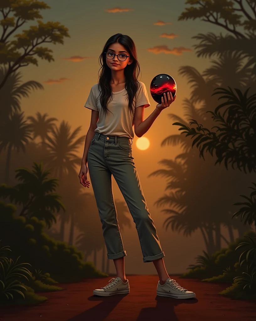 A teenager from , Latin American skin, black hair long, slickedback hair, very beautiful, wears round glasses, eyes black. She wears a t-shirt and jeans and holds a stone in her hand. The stone is black and has bright red streaks. The red streaks on the stone shine red and this red light illuminates her face.