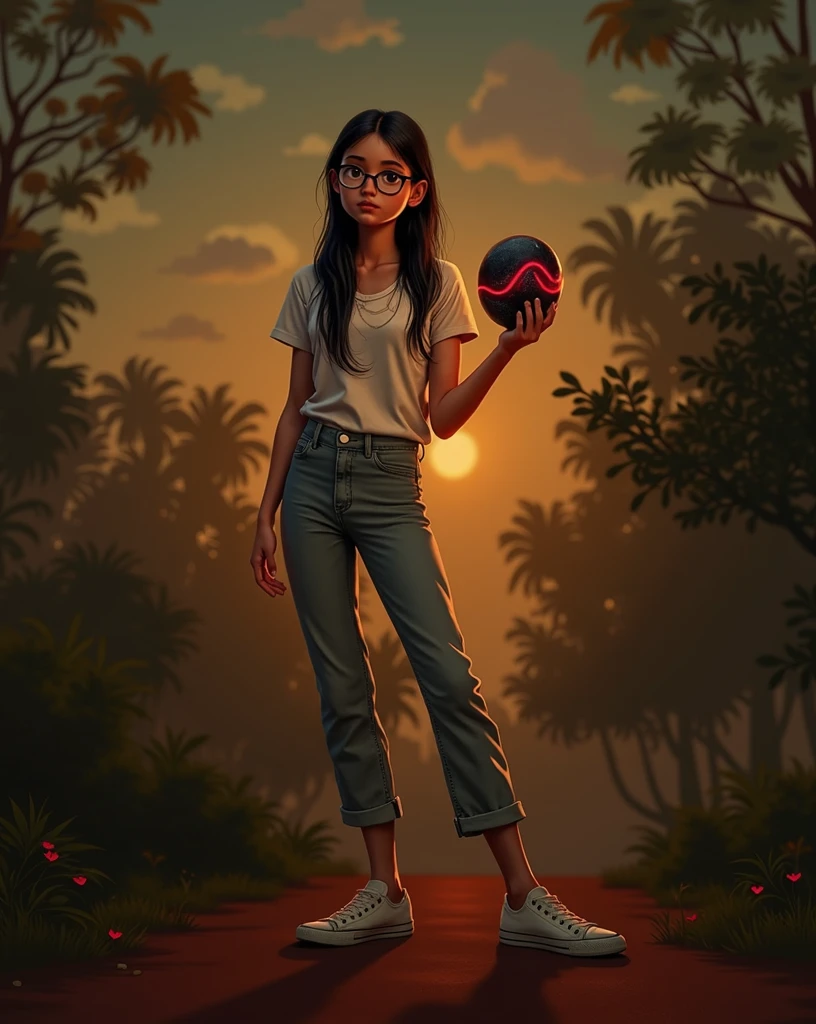 A teenager from , Latin American skin, black hair long, slickedback hair, very beautiful, wears round glasses, eyes black. She wears a t-shirt and jeans and holds a stone in her hand. The stone is black and has bright red streaks. The red streaks on the stone shine red and this red light illuminates her face.