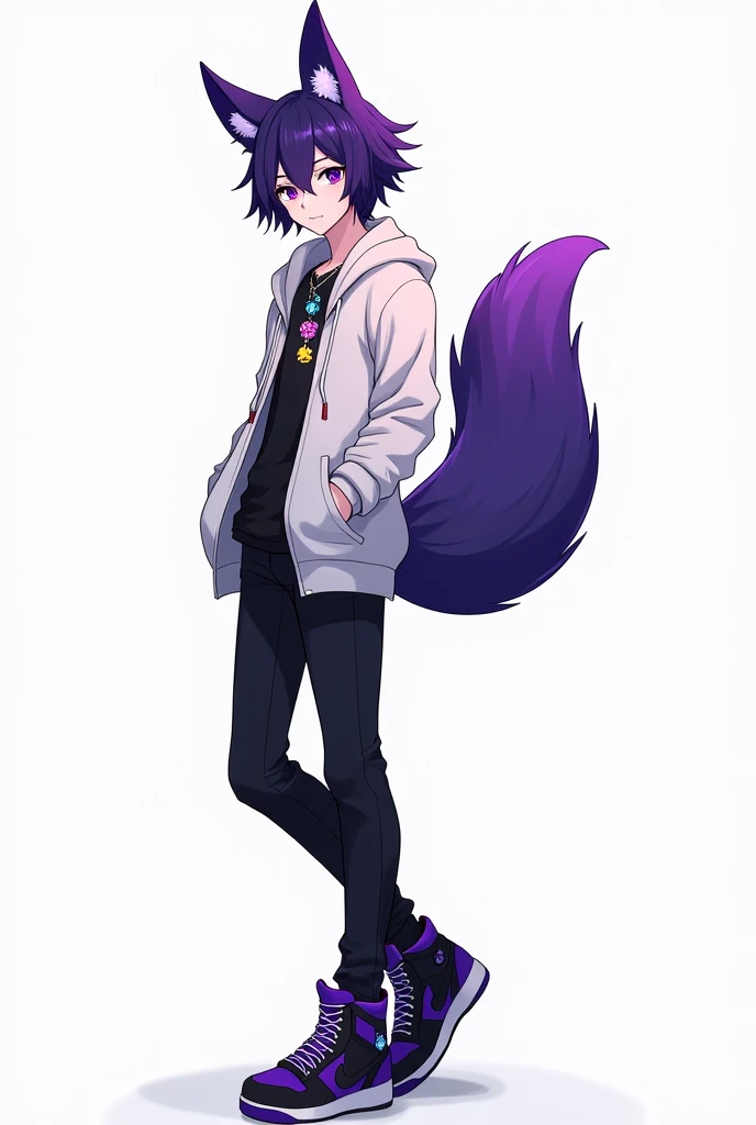 Anime male kitsune drawing with kitsune ears with his striking hair, which is a captivating blend of deep purple, almost reminiscent of the twilight sky. looks like a human with a black shirt with a white hoodie and black pants and purple and black sneakers with various pendants around his neck purple eyes white background
