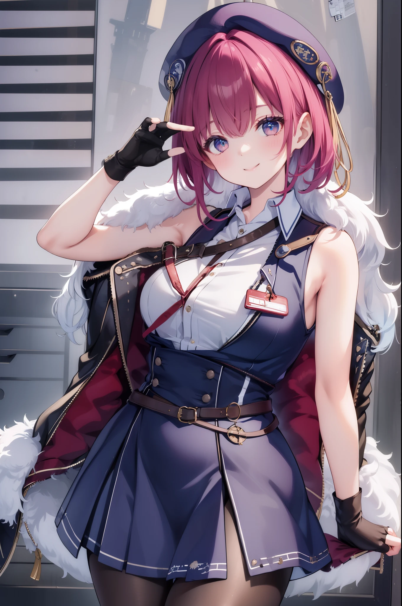 ((Masterpiece)), (Best Quality), marine_beret, Collared Shirt, Sleeveless, High-waisted Skirt, Pantyhose, Blue Jacket, Fur Embellishment, Fingerless Gloves, ID Card, Solo,smile,odd_eye