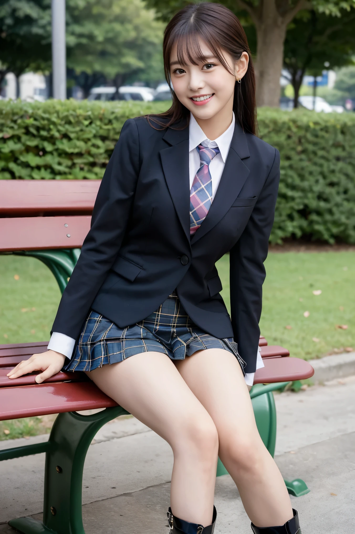 (8K), (highest quality: 1.2), (Realistic), (Realistic: 1.37), Ultra-high resolution, 1 girl, cute, (Embarrassed smile:1.2), (Blushing:1.4),Mouth closed, Beautiful details, Beautiful Nose, black straight Hair, giant dulcefo, pork, Thighs,Navel exposed,University Student Uniform,A simple blazer,Pleated skirt,(The skirt and tie are tartan check pattern.:1.3),Platform boots, (sitting on a park bench:1.2),(Shiny Thighs:1.2), medium shot , closed legs