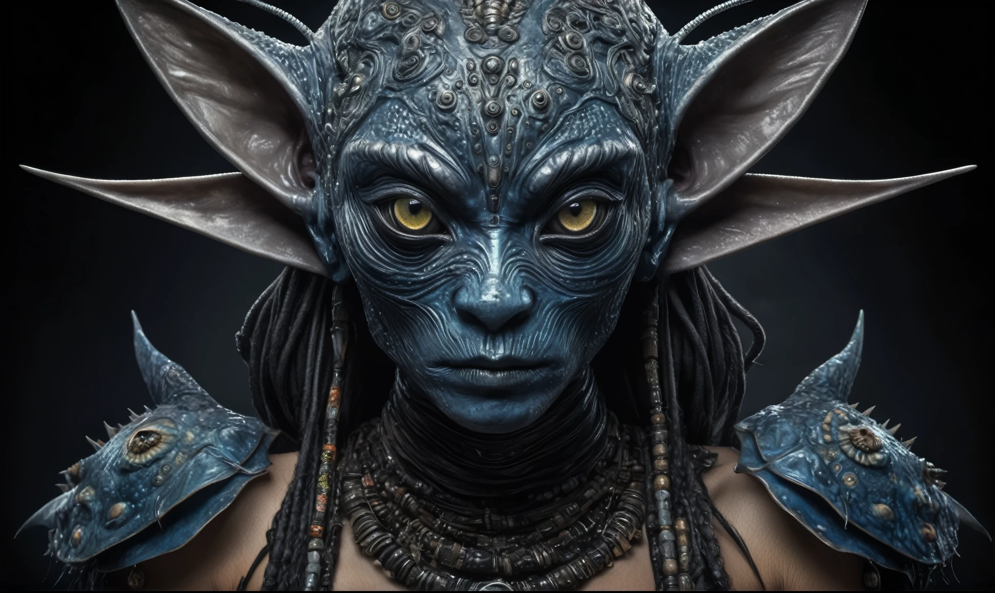 full body length shot,nerd graphite Alien Entity,native africa slave ,azctec Finnish Lapland,Cinematic,soft colors, Technicolor,natural skin textures, hyper realism, hyper detailed,Extremely detailed,High contrast,Masterpiece,Realistic,Ultra Detailed, intricate details,realistic humid leather,extremely intricate details,Epic Realistic, cinematic style, irina yermolova,high contrast,hdr,extremely detailed,day landscape,masterpiece, intricate details, eyes extremely detailed, high detailed eyes,8k resolution,retina, Nikon Z9,Korea,orc,Egypt, Pisces, transition between two art styles,full body length, Double contact, X-ray, Creative, vivid light, fantasy, Abstract, Surrealism, super detailed, high resolution,insanity national folk wear,skin almost translucent, gothic elements,Mestichino,Light particles,chaos,starfish's leather,"(The best lighting, dark, dramatic),(alien cat half-skull fetus, Hellraiser, Scars, , poison brain, , a rat inside the head, terror.),(fish eyes, calaveras